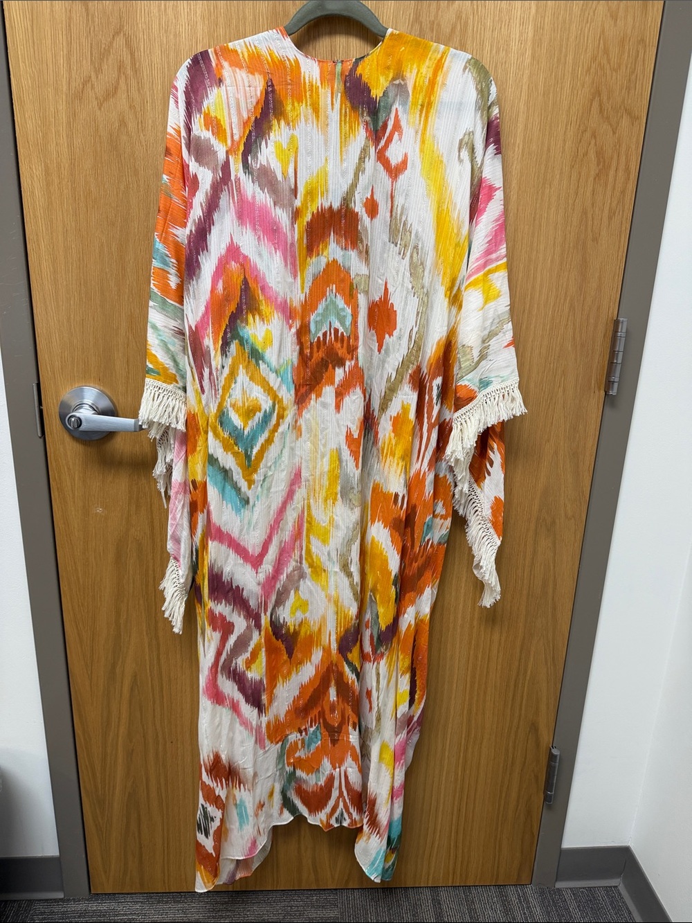 Multicolor Ikat Fringe Kimono - Cream, Orange & Pink - Picture 4 of 7